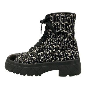 CHANEL combat boots Black White CottonTweeds Patent Calfskin Boots 788-080825